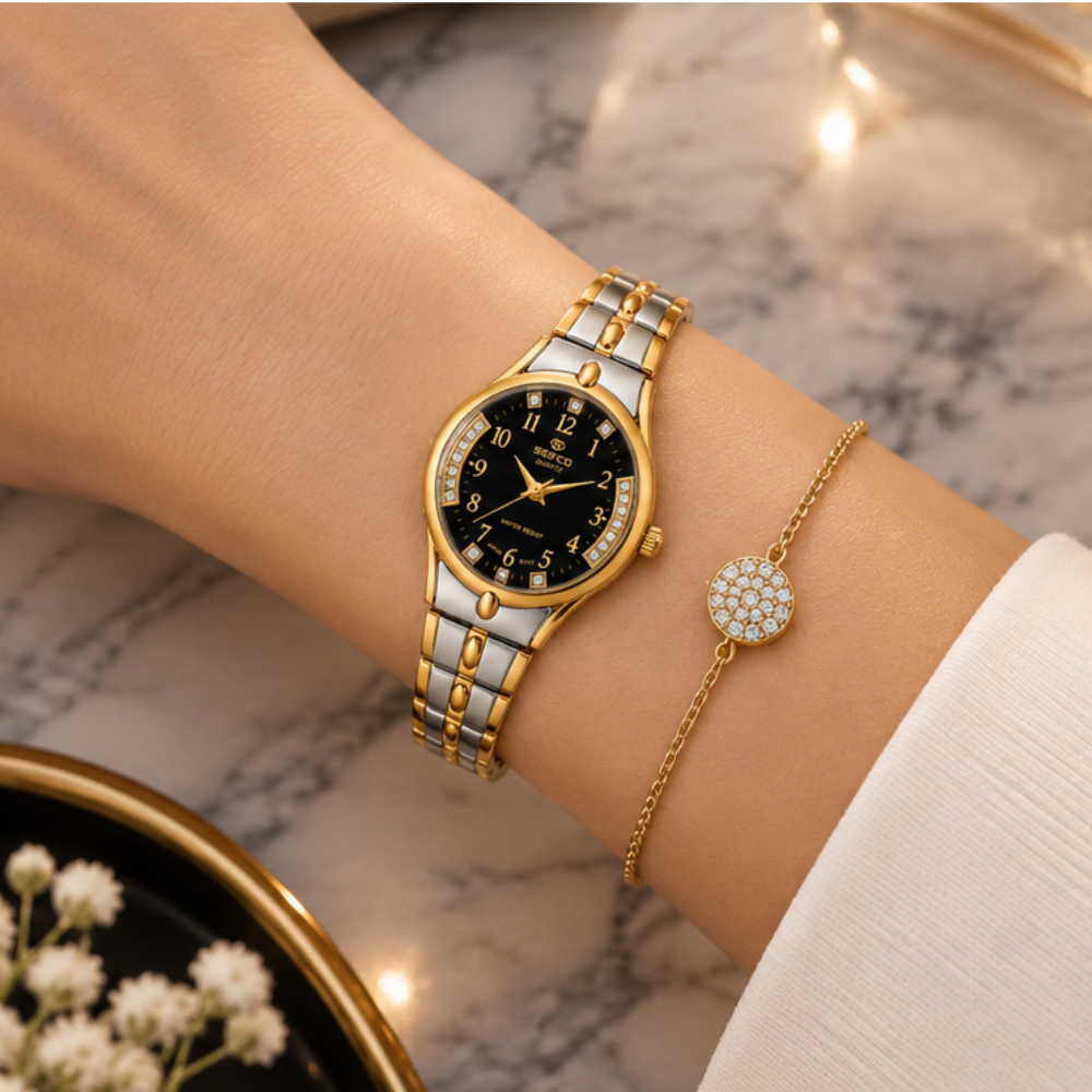 Women’s Two-Tone Watch with Black Dial and Crystal Accents - الصورة 2