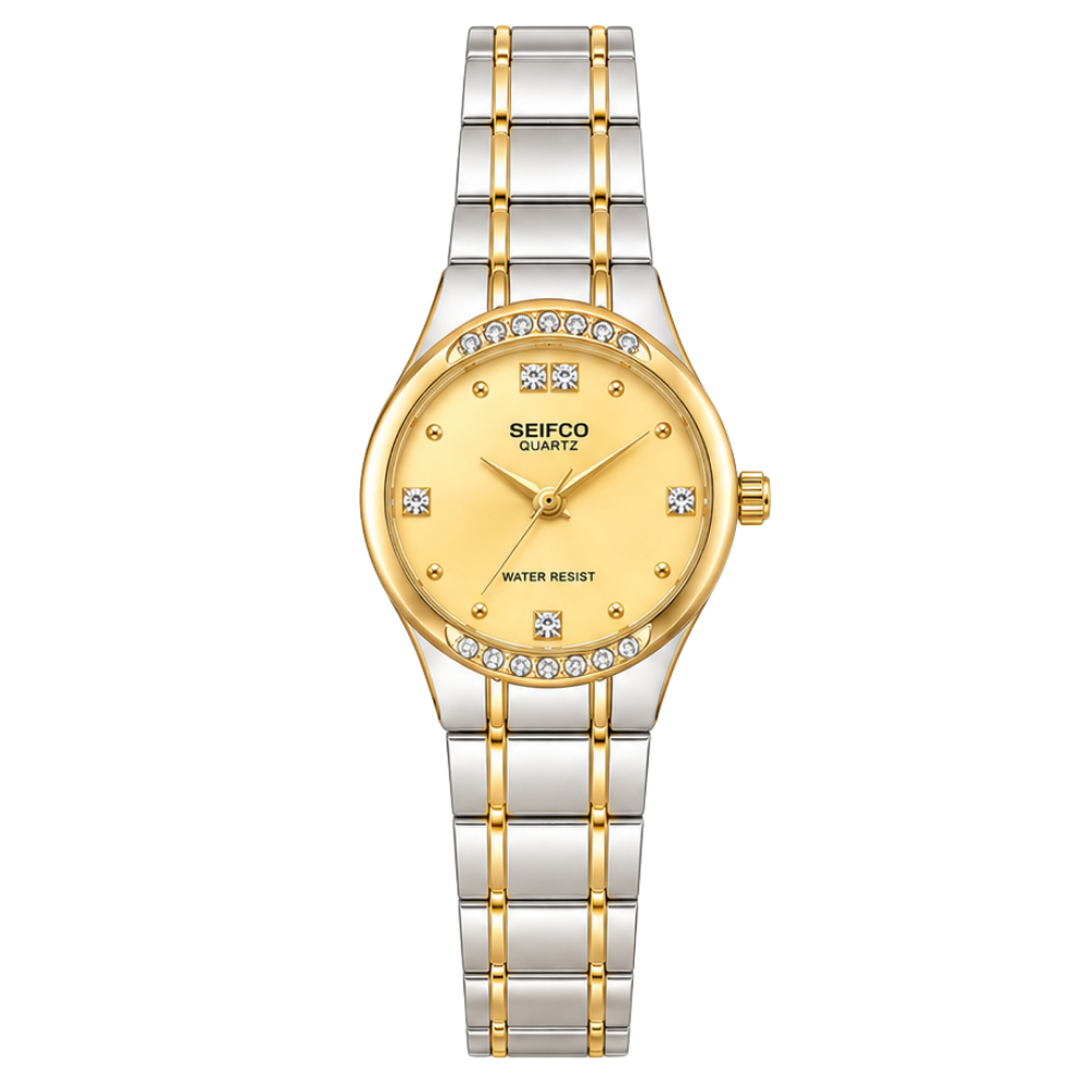 SEIFCO Classic Women’s Stainless Steel Quartz Watch with Gold Dial and Silver Gold Bracelet