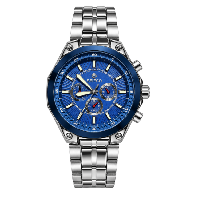 SEIFCO Classic Men's Stainless Steel Quartz Watch with Blue Dial and Silver Bracelet