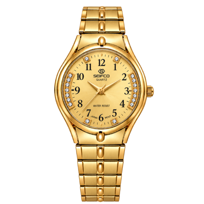 SEIFCO Classic Women’s Stainless Steel Quartz Watch with Gold Dial and Gold Bracelet