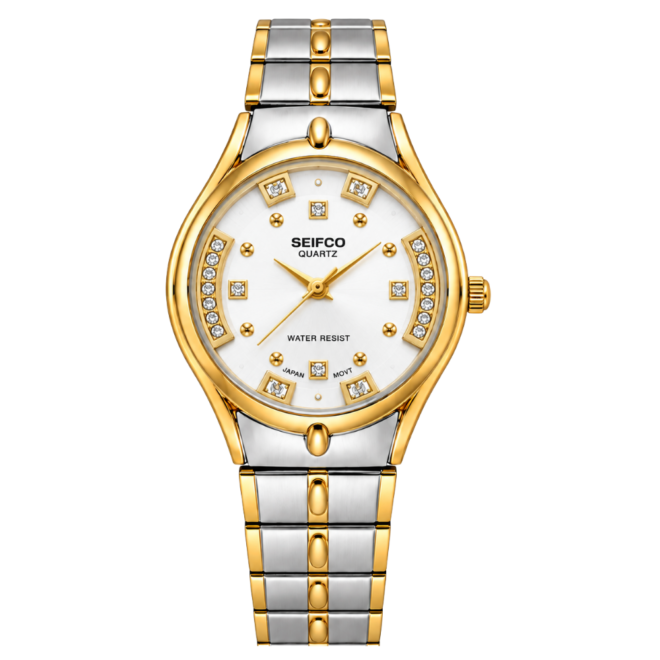 SEIFCO Classic Women’s Stainless Steel Quartz Watch with White Dial and Silver Gold Bracelet