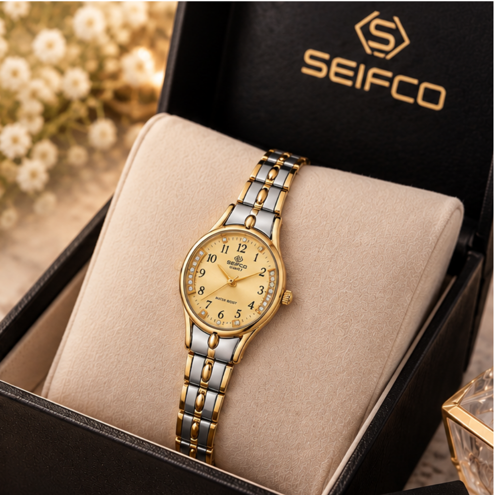 Women’s Two-Tone Watch with Gold Dial and Crystal Accents - الصورة 2