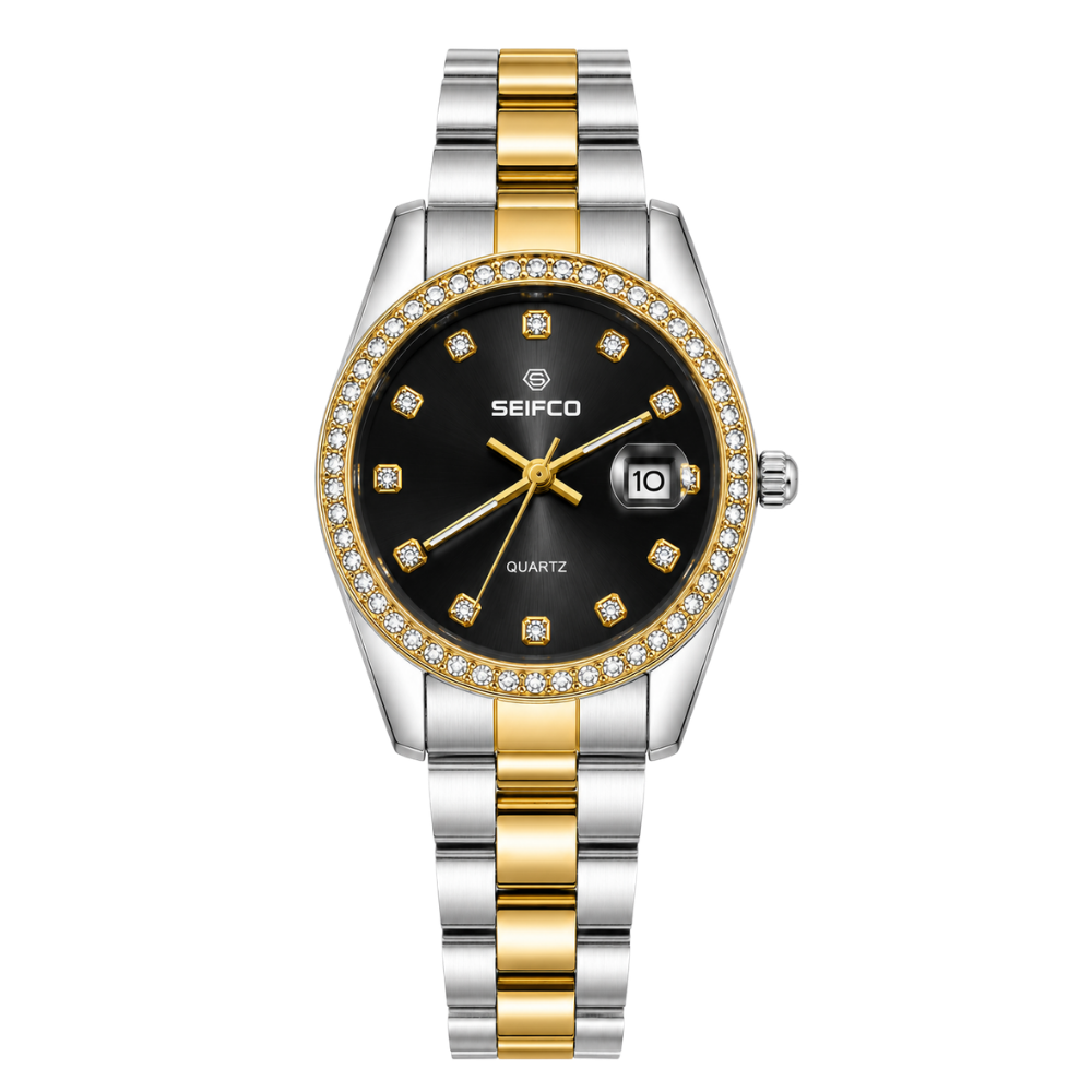 SEIFCO Classic Unisex Stainless Steel Watch with Black Dial and Silver Gold Bracelet