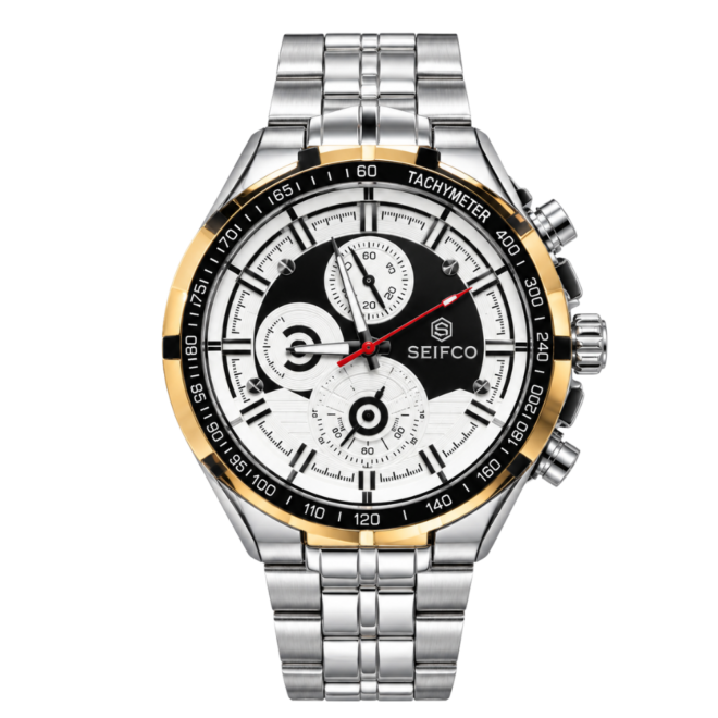 SEIFCO Classic Men’s Stainless Steel Quartz Watch with Navy Blue and Cream Dial, Gold-Tone Tachymeter Bezel and Silver Bracelet
