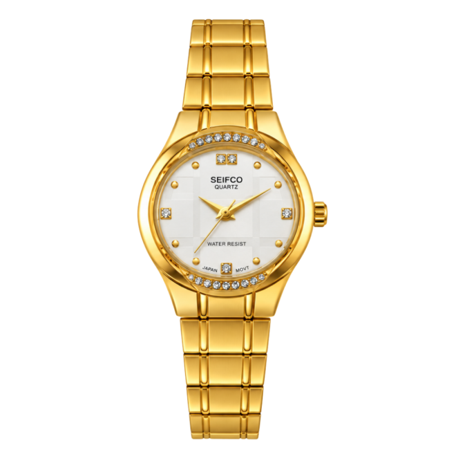 SEIFCO Classic Unisex Stainless Steel Watch with White Dial and Gold Bracelet