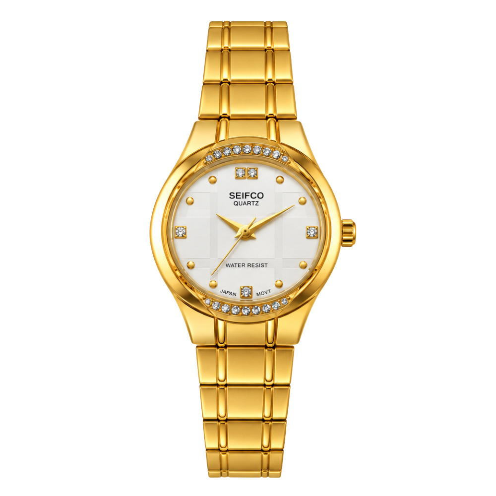 SEIFCO Classic Unisex Stainless Steel Watch with White Dial and Gold Bracelet