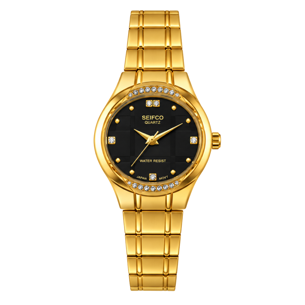 SEIFCO Classic Unisex Stainless Steel Watch with Black Dial and Gold Bracelet