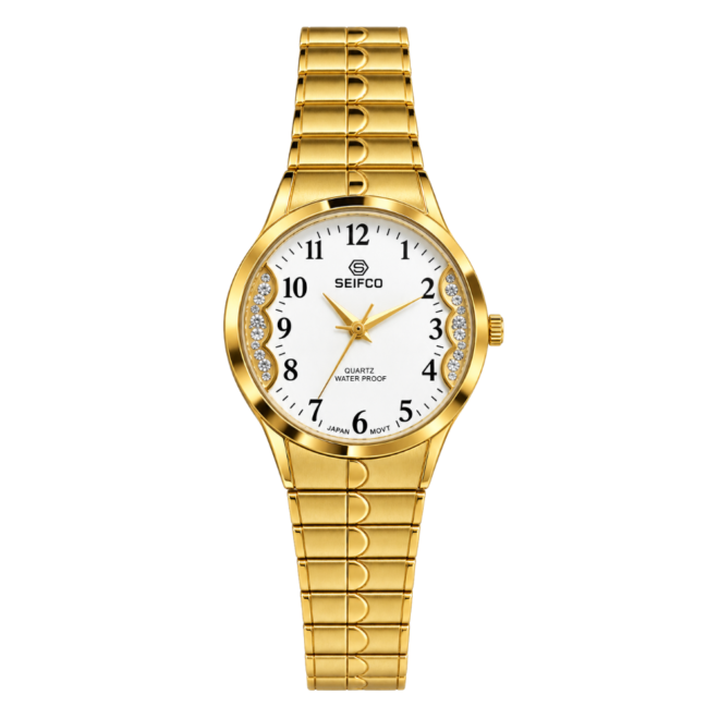 SEIFCO Classic Unisex Stainless Steel Quartz Watch with White Dial and Gold Bracelet