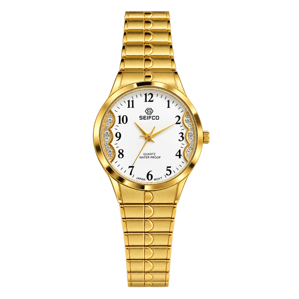 SEIFCO Classic Unisex Stainless Steel Quartz Watch with White Dial and Gold Bracelet