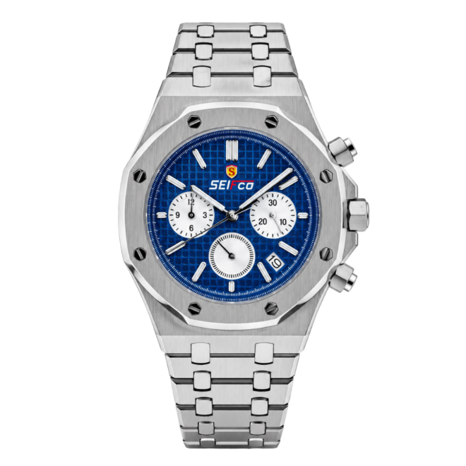 SEIFCO Sport Men’s Stainless Steel Quartz Watch with Textured Blue Dial and Silver Bracelet