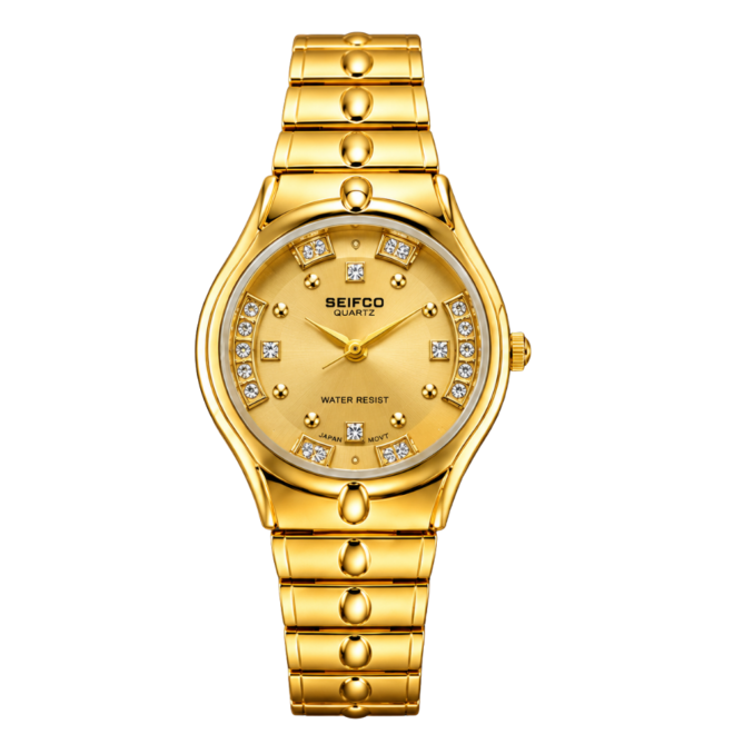 SEIFCO Classic Women’s Stainless Steel Quartz Watch with Gold Dial and Gold Bracelet