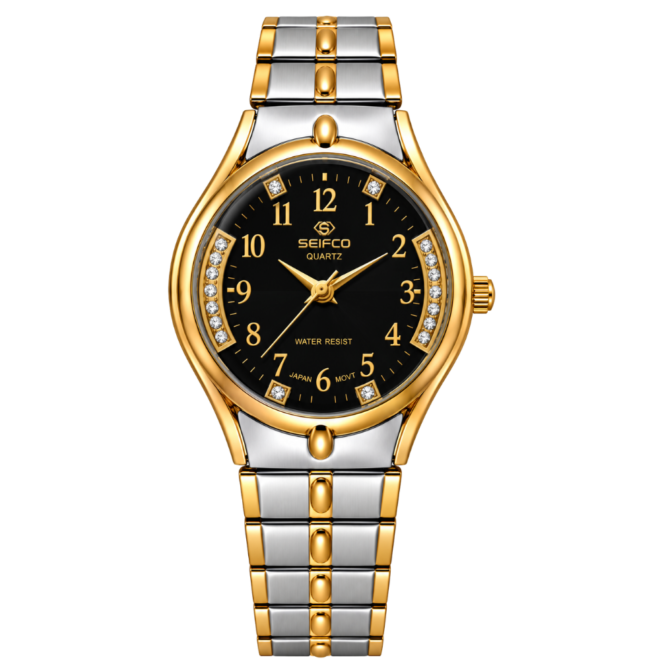 Women’s Two-Tone Watch with Black Dial and Crystal Accents