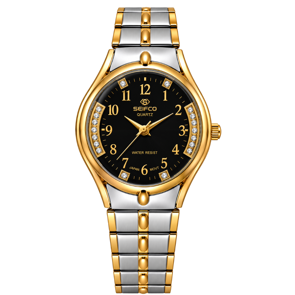 Women’s Two-Tone Watch with Black Dial and Crystal Accents