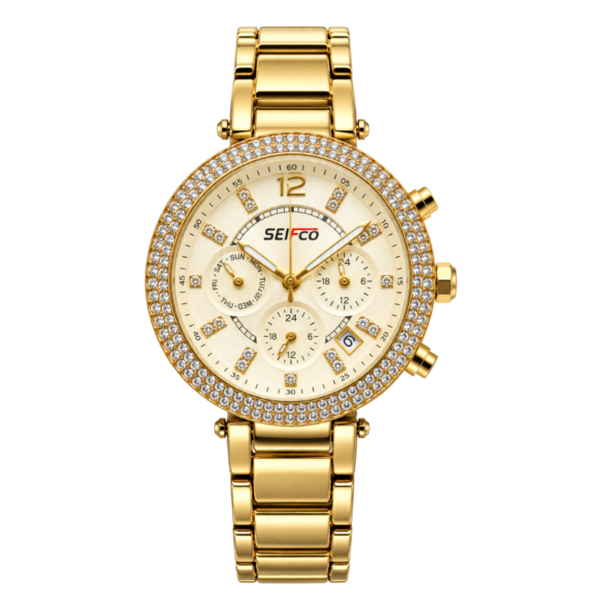 SEIFCO Classic Women’s Stainless Steel Quartz Watch with Gold Dial and Gold Bracelet