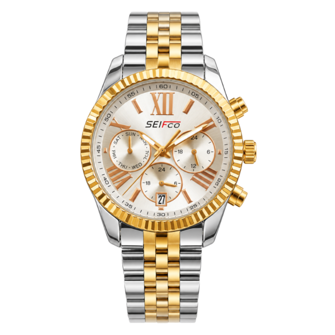 SEIFCO Classic Women’s Stainless Steel Quartz Watch with White Dial and Silver Gold Bracelet