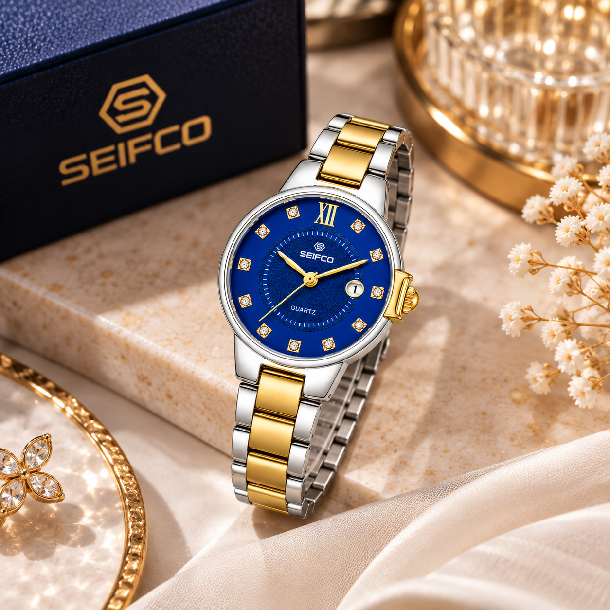 Women’s Two-Tone Watch with Blue Dial and Crystal Accents - الصورة 2