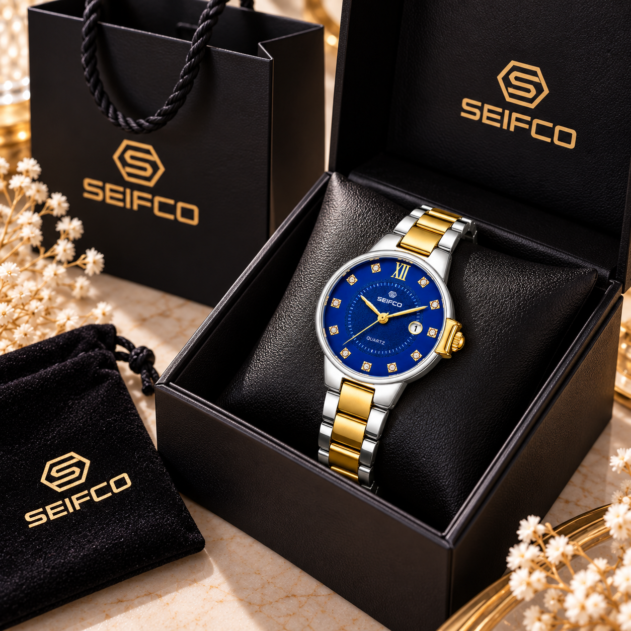 Women’s Two-Tone Watch with Blue Dial and Crystal Accents - الصورة 4