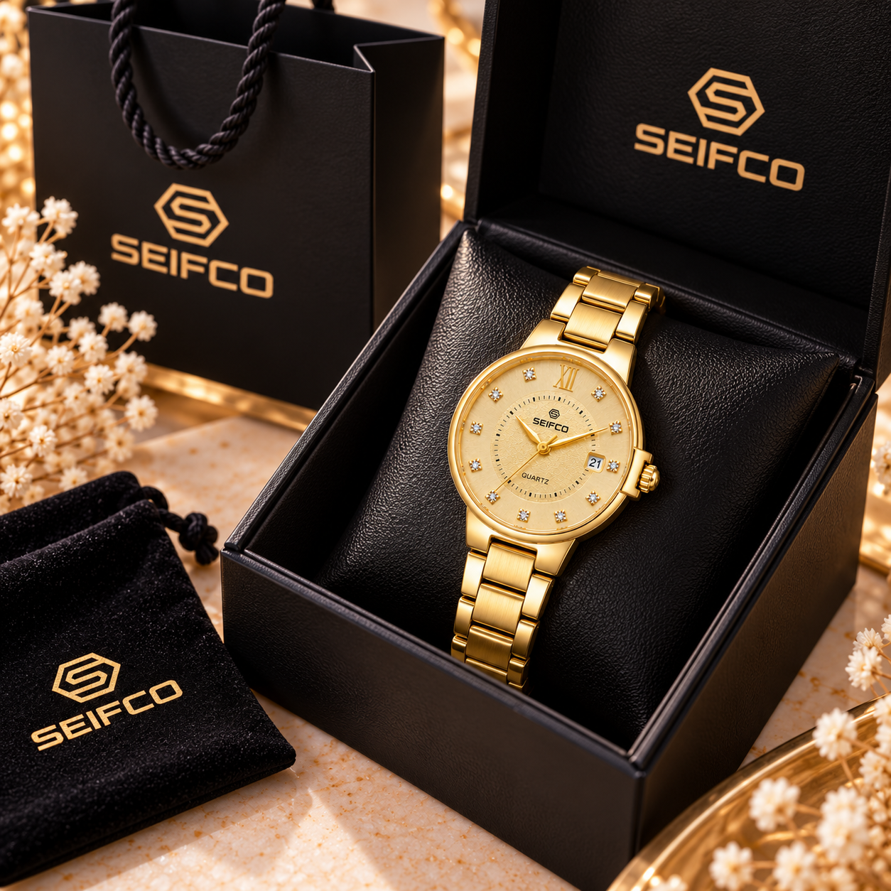 Women’s Gold Watch with Gold Dial and Crystal Accents - الصورة 4