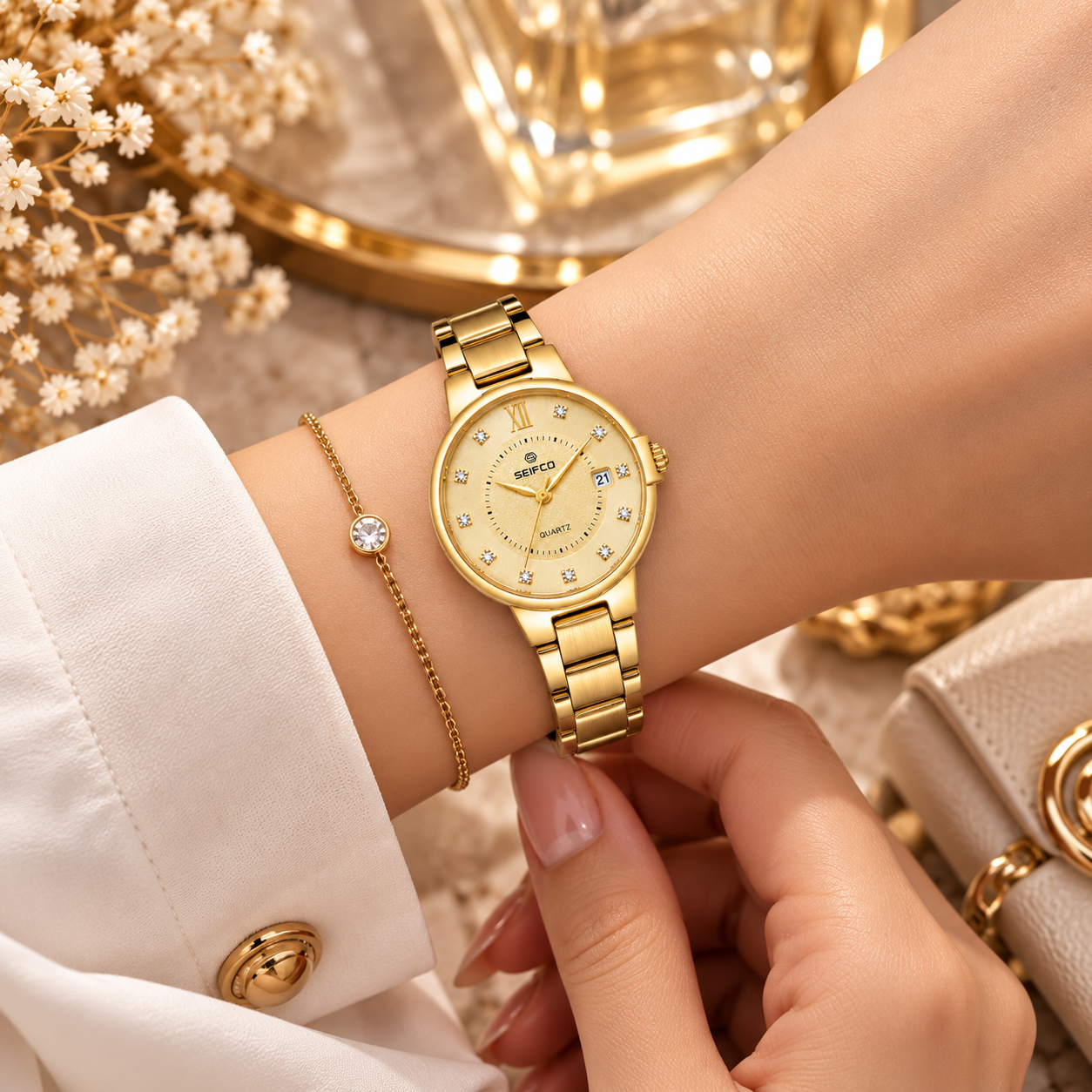 Women’s Gold Watch with Gold Dial and Crystal Accents - الصورة 3