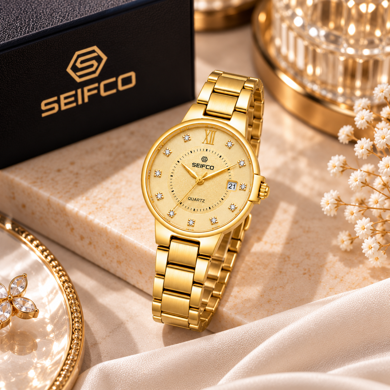 Women’s Gold Watch with Gold Dial and Crystal Accents - الصورة 2