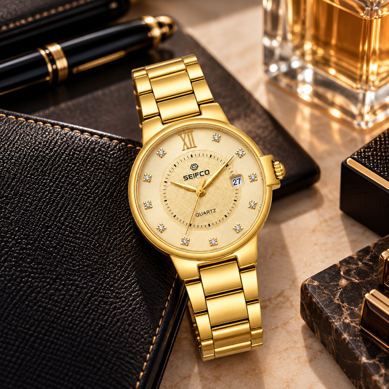 SEIFCO Classic Men’s Stainless Steel Quartz Watch with Gold Dial, Crystal Hour Markers and Gold Bracelet - الصورة 4