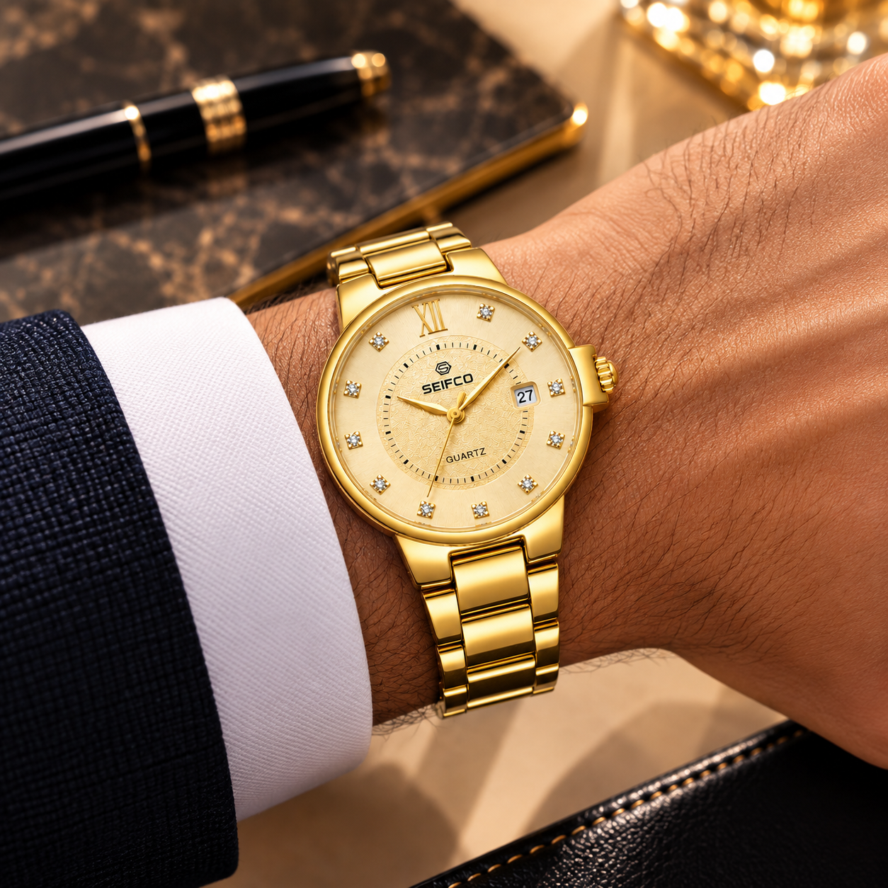 SEIFCO Classic Men’s Stainless Steel Quartz Watch with Gold Dial, Crystal Hour Markers and Gold Bracelet - الصورة 3
