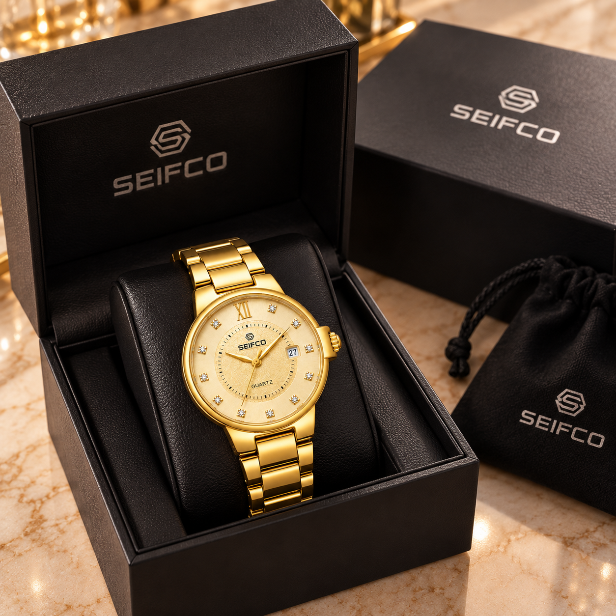 SEIFCO Classic Men’s Stainless Steel Quartz Watch with Gold Dial, Crystal Hour Markers and Gold Bracelet - الصورة 5