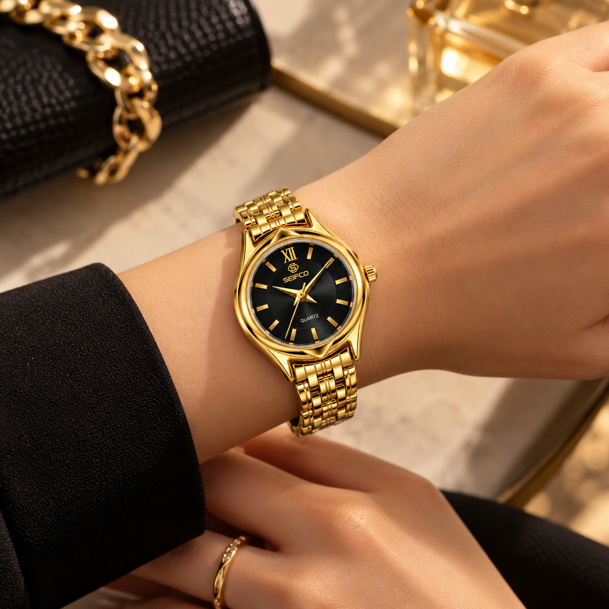 SEIFCO Classic Women’s Stainless Steel Quartz Watch with Black Dial and Gold Bracelet - الصورة 2