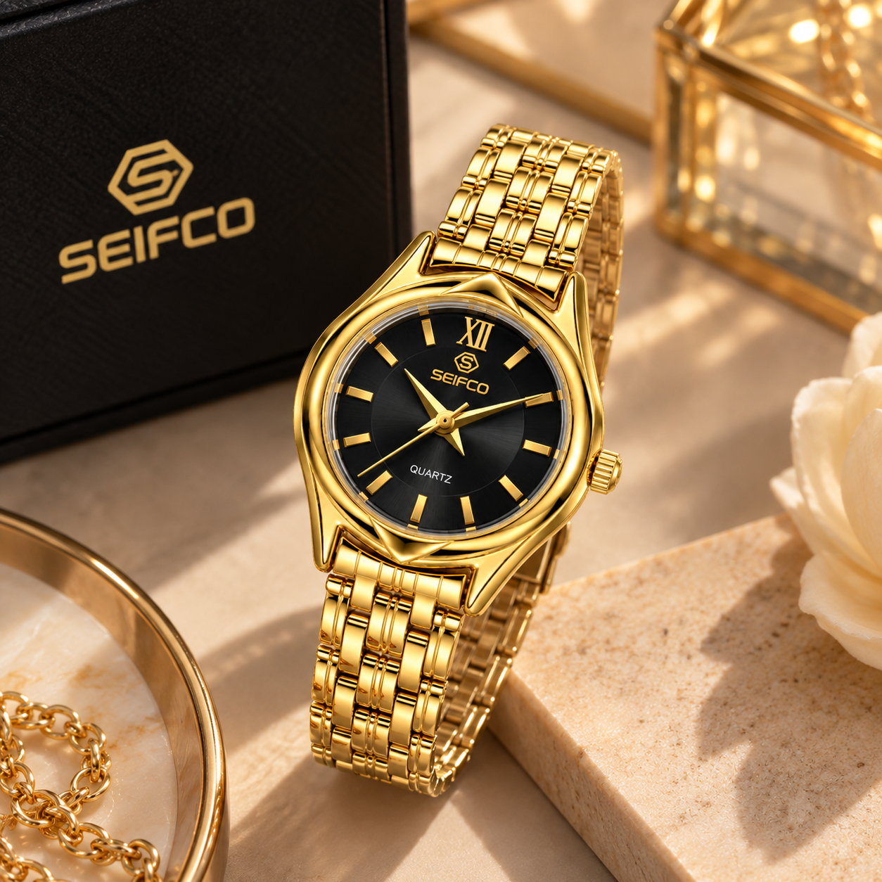 SEIFCO Classic Women’s Stainless Steel Quartz Watch with Black Dial and Gold Bracelet - الصورة 3
