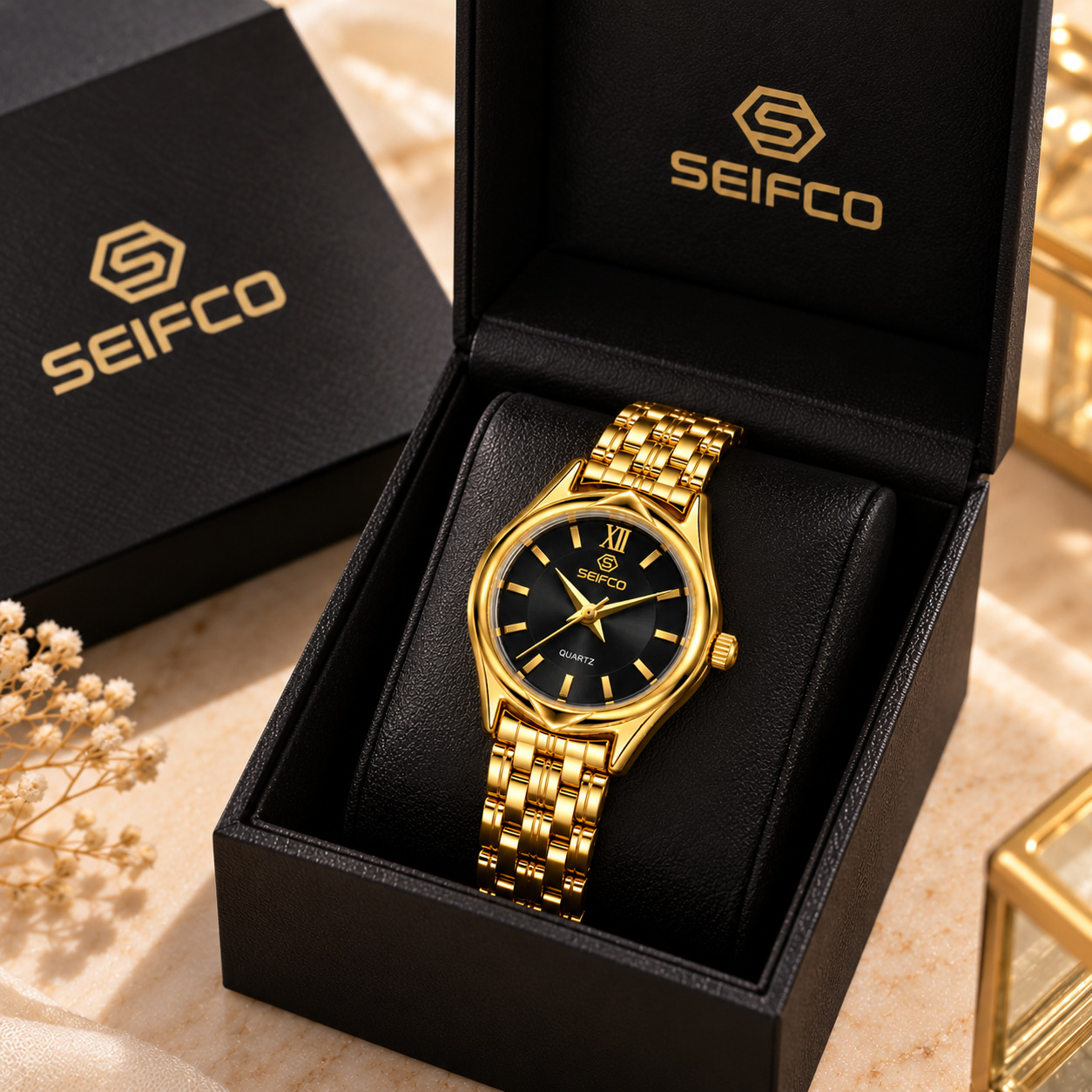 SEIFCO Classic Women’s Stainless Steel Quartz Watch with Black Dial and Gold Bracelet - الصورة 4