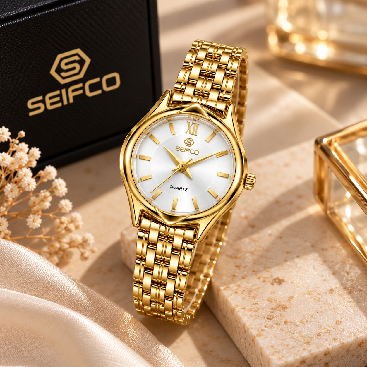 SEIFCO Classic Women’s Stainless Steel Quartz Watch with Silver Dial and Gold Bracelet - الصورة 3