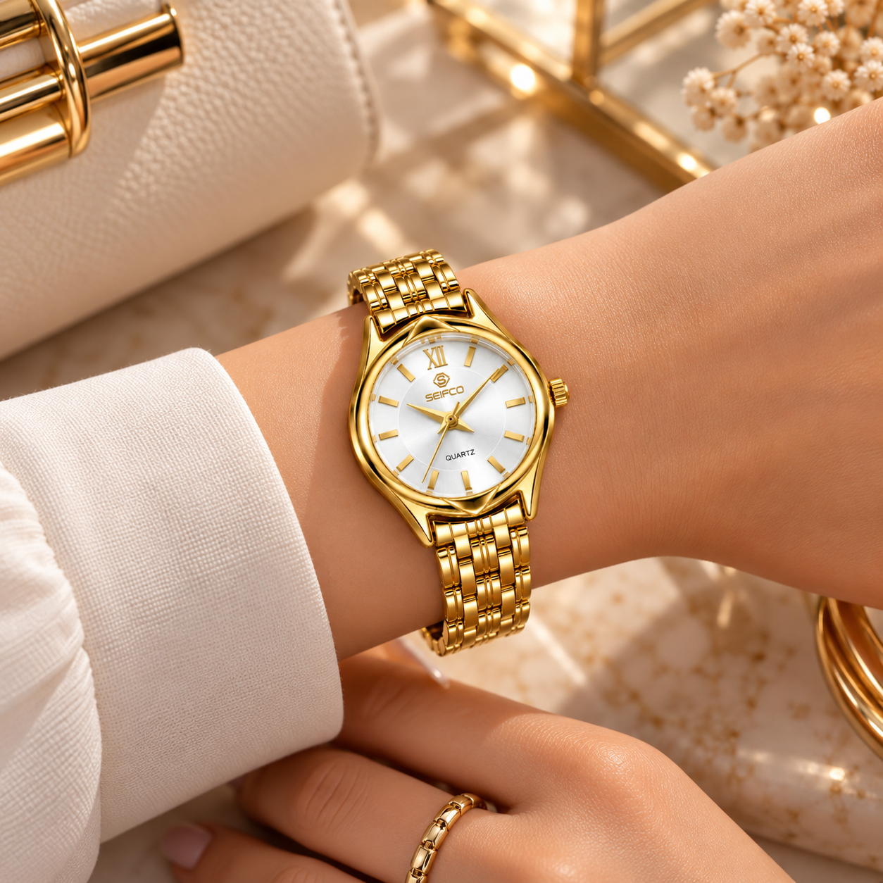 SEIFCO Classic Women’s Stainless Steel Quartz Watch with Silver Dial and Gold Bracelet - الصورة 2