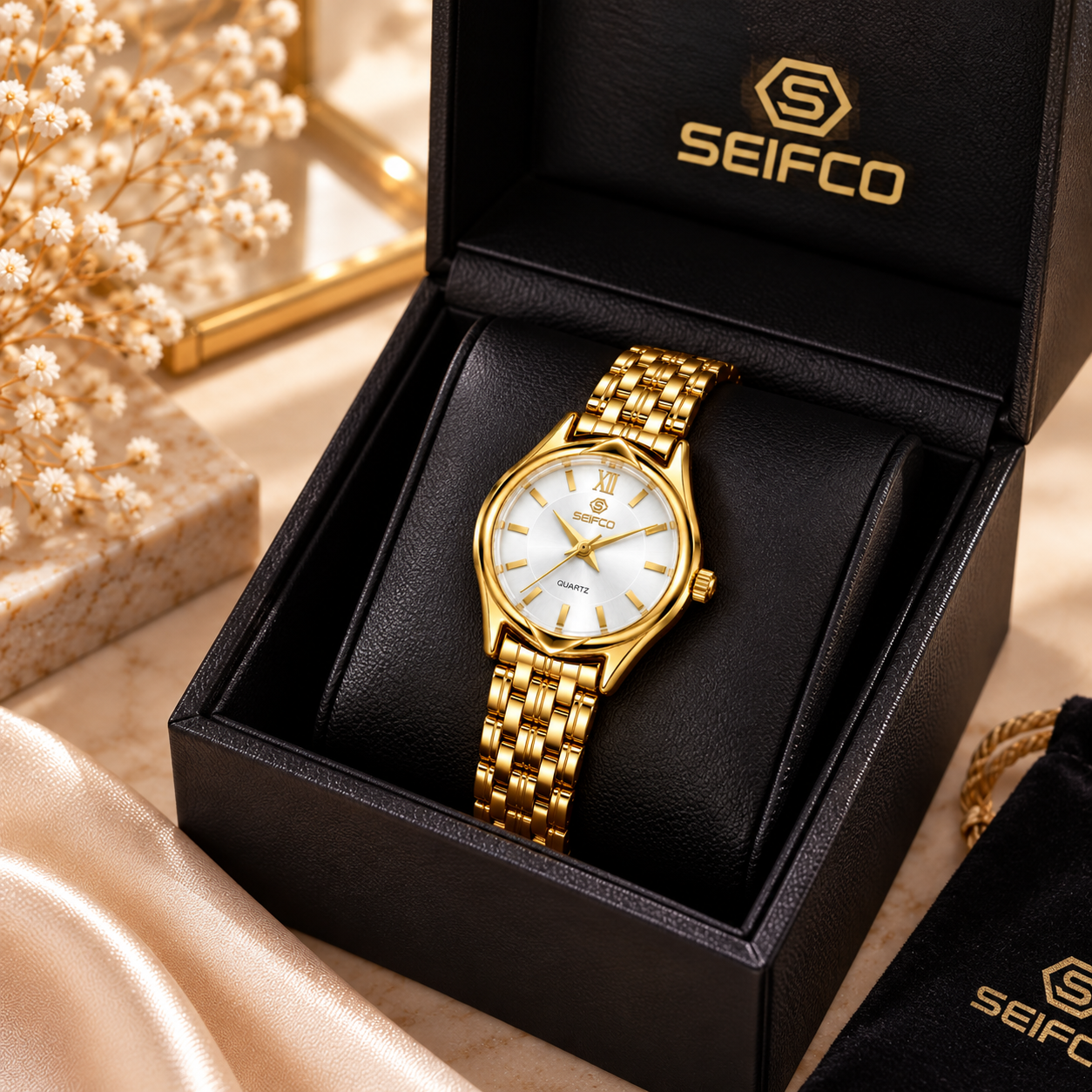 SEIFCO Classic Women’s Stainless Steel Quartz Watch with Silver Dial and Gold Bracelet - الصورة 4