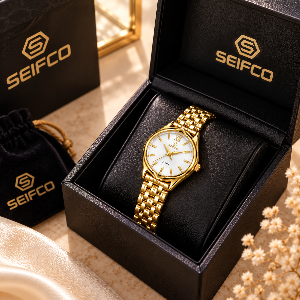 SEIFCO Classic Women’s Stainless Steel Quartz Watch with White Dial and Gold Bracelet - الصورة 4