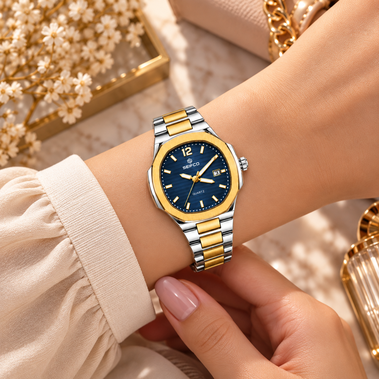 SEIFCO Classic Women’s Stainless Steel Quartz Watch with Blue Dial, Date Display and Two-Tone Silver-Gold Bracelet - الصورة 2