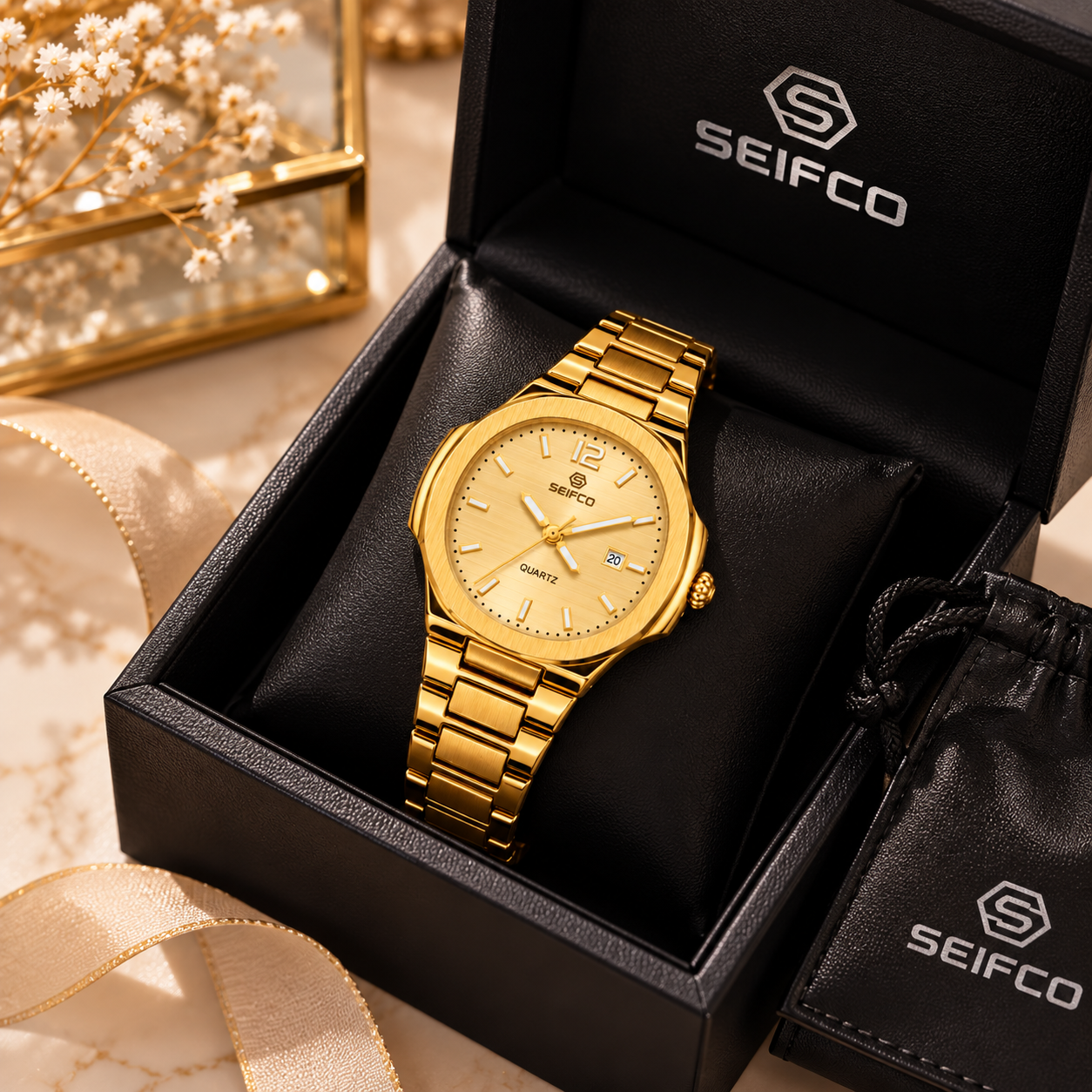 SEIFCO Classic Women’s Stainless Steel Quartz Watch with Gold Dial, Date Display and Gold Bracelet - الصورة 4