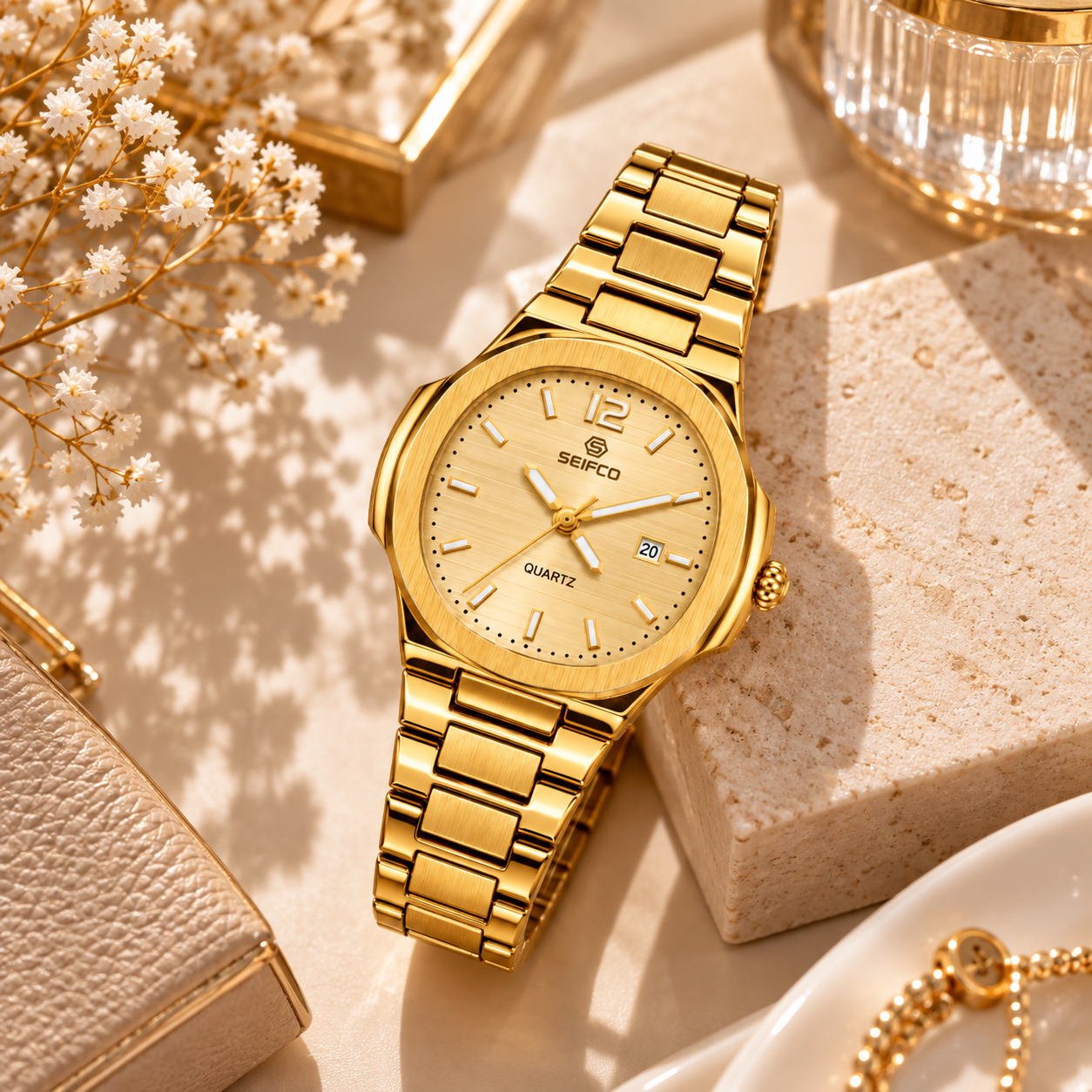 SEIFCO Classic Women’s Stainless Steel Quartz Watch with Gold Dial, Date Display and Gold Bracelet - الصورة 3