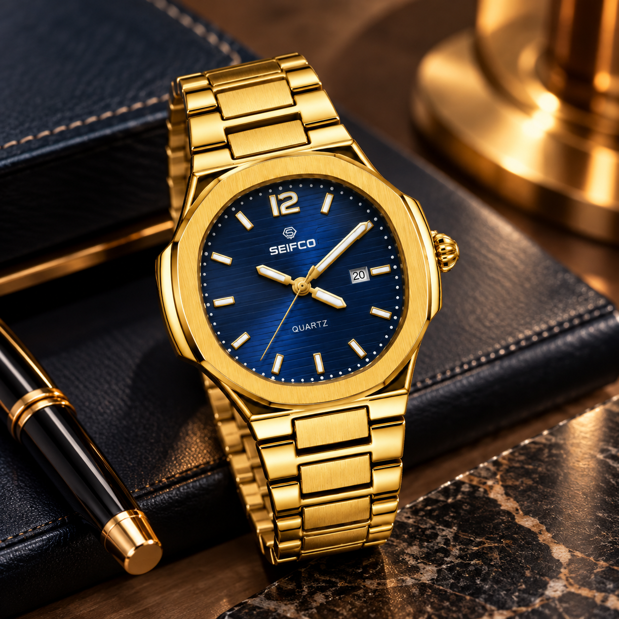 SEIFCO Classic Men’s Stainless Steel Quartz Watch with Blue Dial, Date Display and Gold Bracelet - الصورة 2