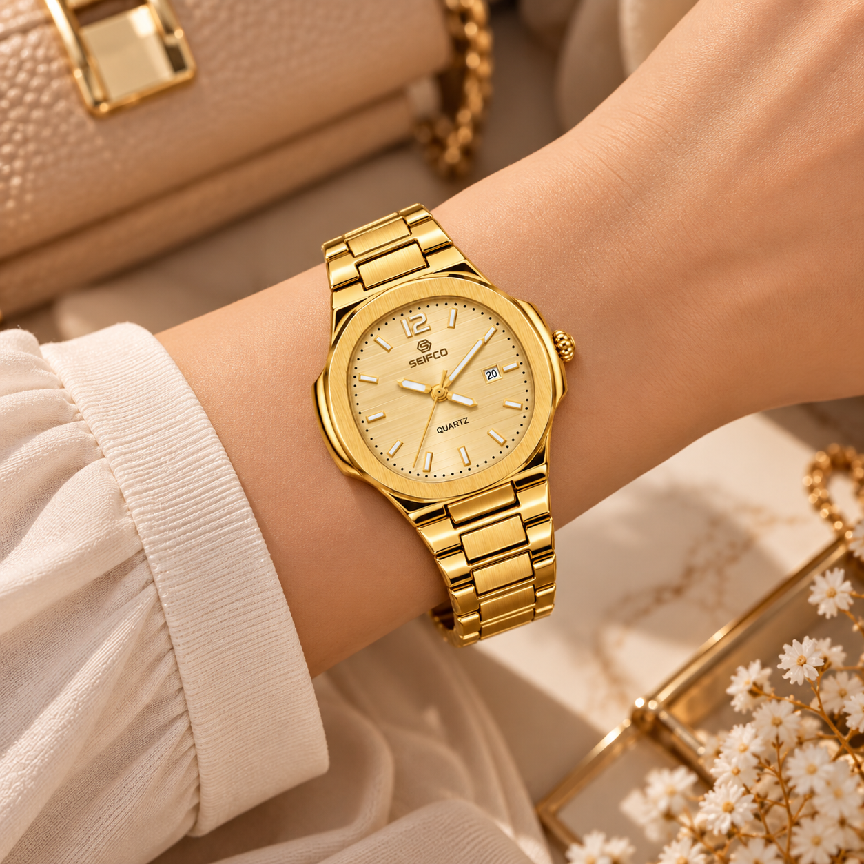 SEIFCO Classic Women’s Stainless Steel Quartz Watch with Gold Dial, Date Display and Gold Bracelet - الصورة 2