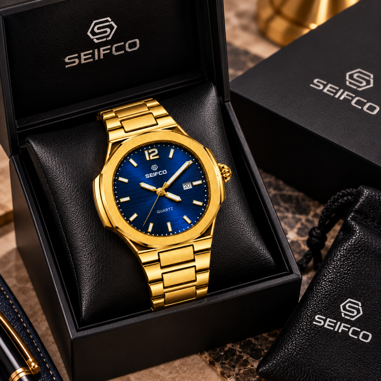 SEIFCO Classic Men’s Stainless Steel Quartz Watch with Blue Dial, Date Display and Gold Bracelet - الصورة 4