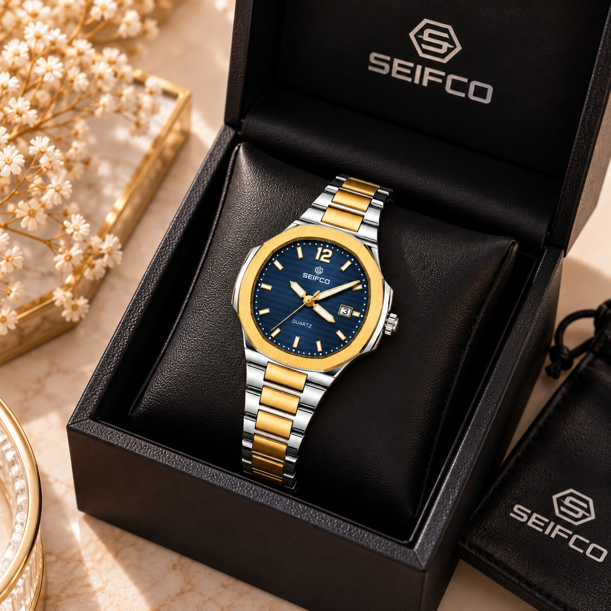 SEIFCO Classic Women’s Stainless Steel Quartz Watch with Blue Dial, Date Display and Two-Tone Silver-Gold Bracelet - الصورة 4