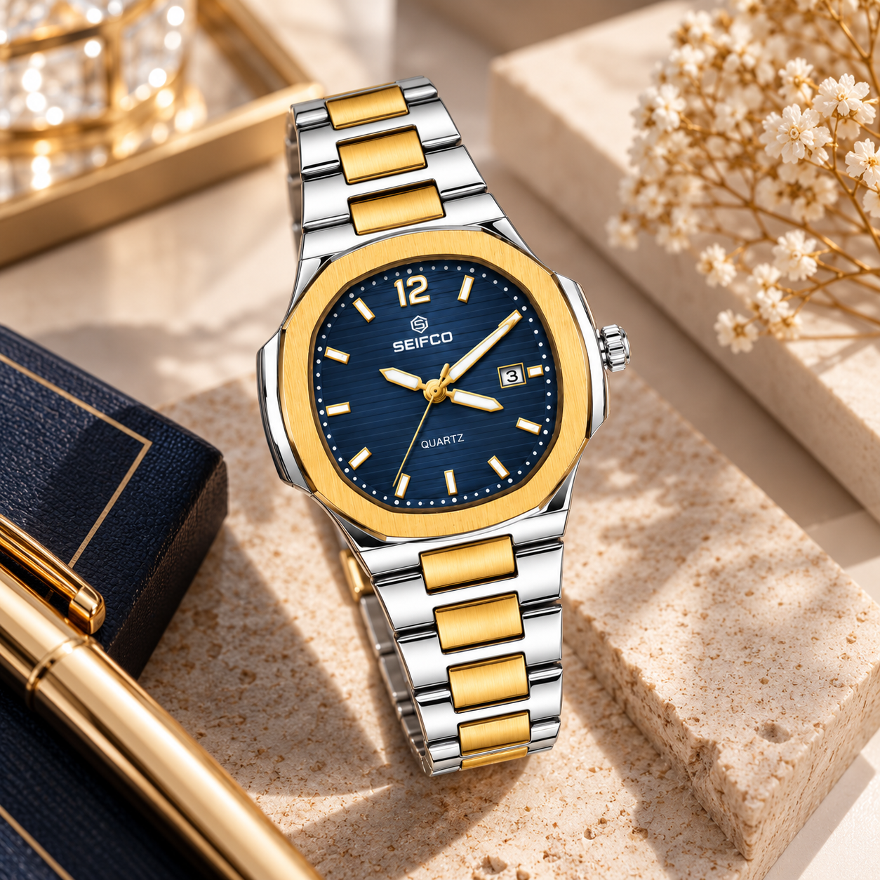 SEIFCO Classic Women’s Stainless Steel Quartz Watch with Blue Dial, Date Display and Two-Tone Silver-Gold Bracelet - الصورة 3
