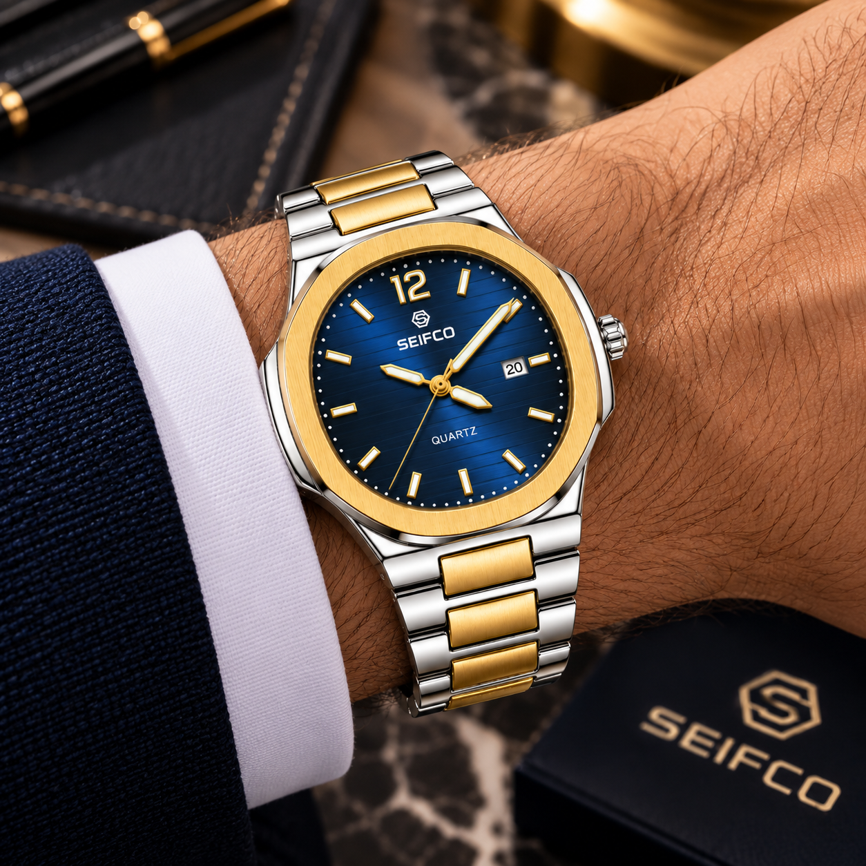 SEIFCO Classic Men’s Stainless Steel Quartz Watch with Blue Dial, Date Display and Two-Tone Silver-Gold Bracelet - الصورة 2