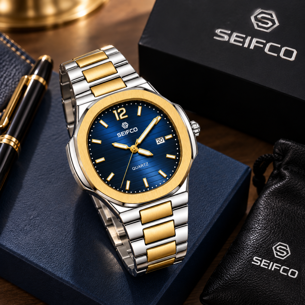 SEIFCO Classic Men’s Stainless Steel Quartz Watch with Blue Dial, Date Display and Two-Tone Silver-Gold Bracelet - الصورة 3