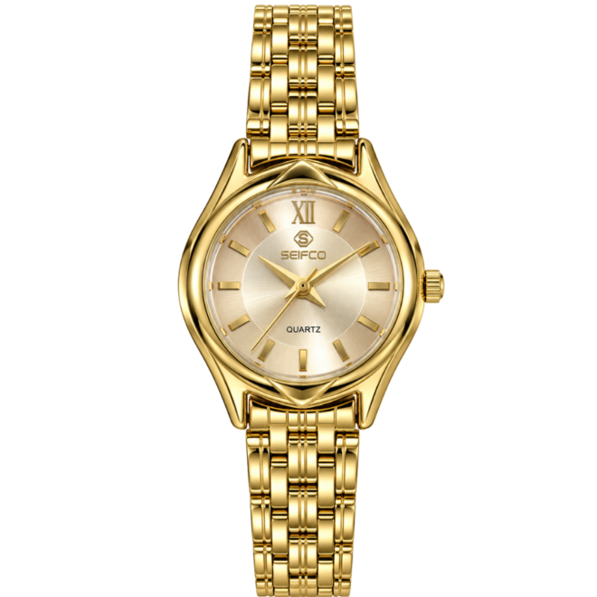 SEIFCO Classic Women’s Stainless Steel Quartz Watch with Light Gold Dial and Gold Bracelet