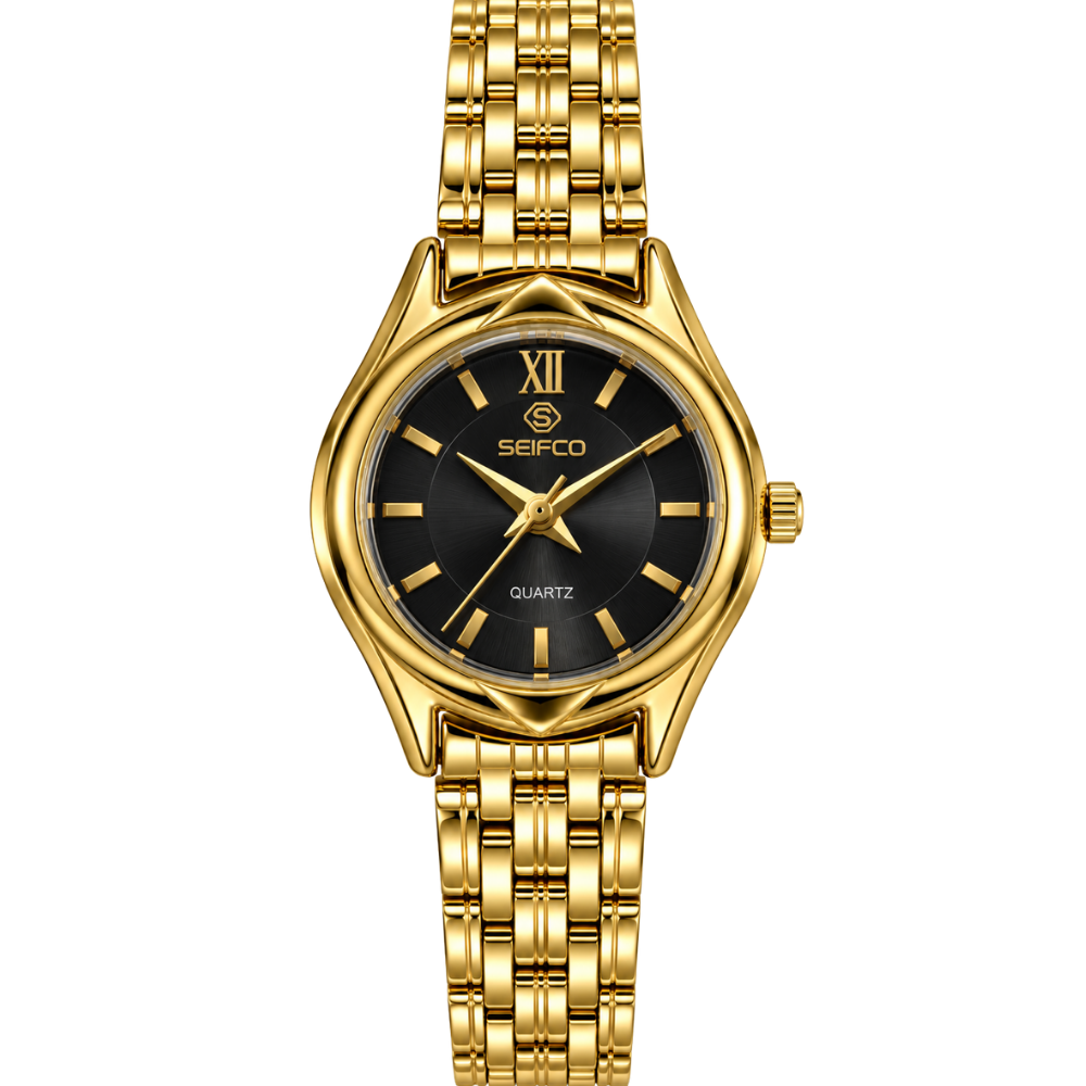 SEIFCO Classic Women’s Stainless Steel Quartz Watch with Black Dial and Gold Bracelet
