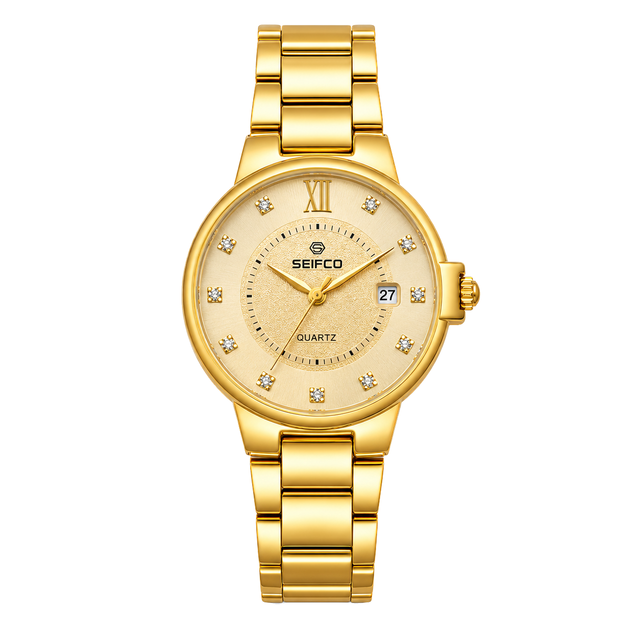 SEIFCO Classic Men’s Stainless Steel Quartz Watch with Gold Dial, Crystal Hour Markers and Gold Bracelet