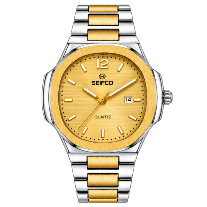 SEIFCO Classic Men's Stainless Steel Quartz Watch, Gold Dial, Silver Gold