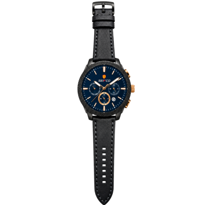 SEIFCO Sport Men’s Quartz Watch with Navy Blue Multi-Dial and Black Leather Strap