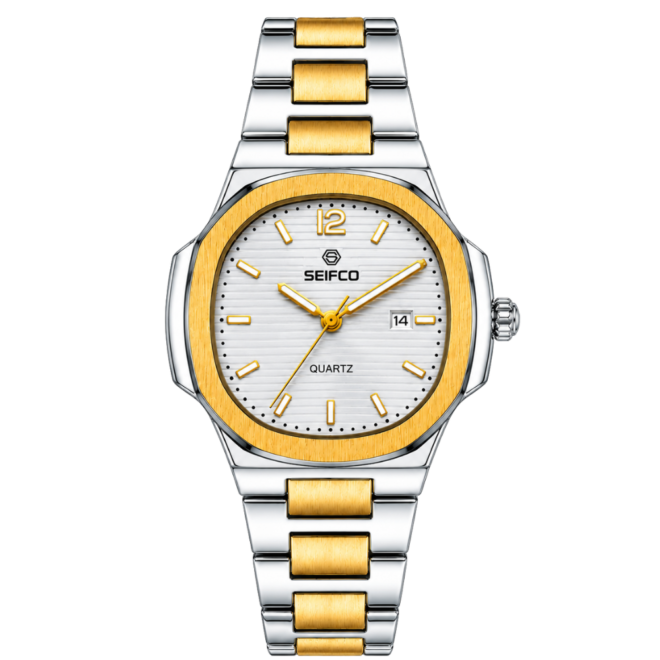 SEIFCO Classic Women Stainless Steel Quartz Watch, White Dial, Silver Gold